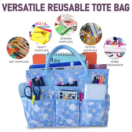 Cupohus Craft Organizer Bag, Blue Print Art Supply Tote with Multiple Pockets - color: Blue Flower