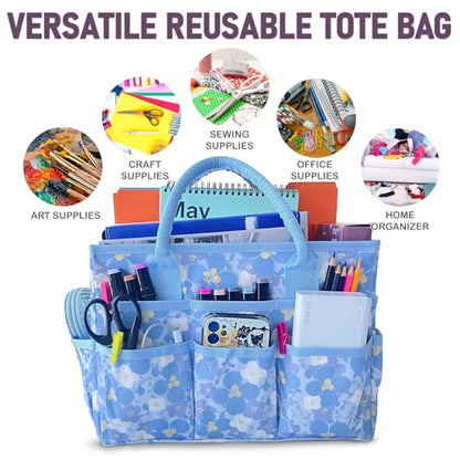 Cupohus Craft Organizer Bag, Blue Print Art Supply Tote with Multiple Pockets - color: Blue Flower