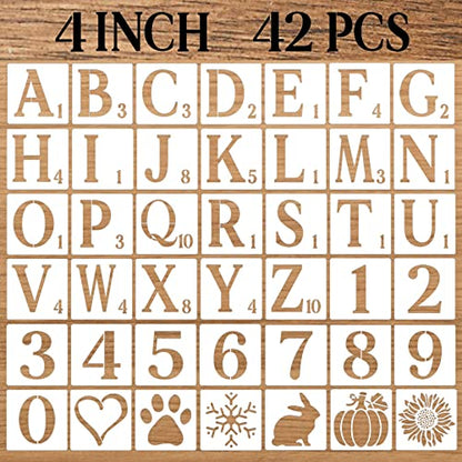 4 Inch Letter Stencils Numbers Craft Stencils, 42 Pcs Reusable Plastic Alphabet Drawing Templates for Painting on Wood, Wall, Fabric, Rock, Signage, Door Porch, DIY Art Projects - size: 4 Inch