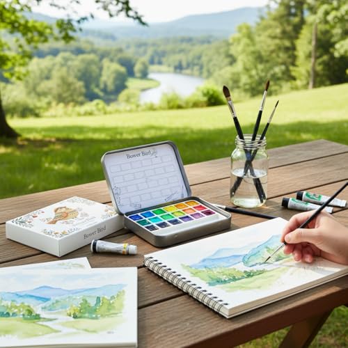 Bower Bird Travel Ceramic Watercolor Palette with Porcelain Mixing Tray, Metal Tin Box, White, 5.3x3.5x0.55 Inches, Portable Art Kit (18Well)