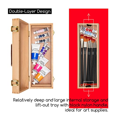 MEEDEN Medium Art Supply Storage Box - Multi-Function Solid Beech Wooden Chest/Art Tool Box with Lift Out Trays for Paint Brush, Pencil, Pastel, and More Art Supplies 14-1/5"W × 5-1/8"D × 4-1/3"H - size: Small