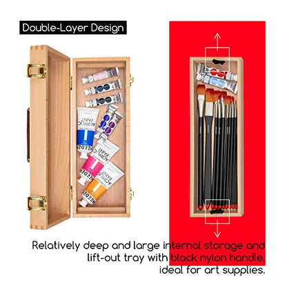 MEEDEN Medium Art Supply Storage Box - Multi-Function Solid Beech Wooden Chest/Art Tool Box with Lift Out Trays for Paint Brush, Pencil, Pastel, and More Art Supplies 14-1/5"W × 5-1/8"D × 4-1/3"H - size: Small
