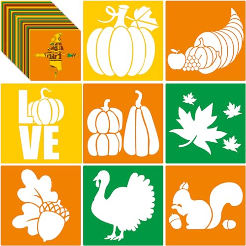 Henoyso 24 Pcs Fall Thanksgiving Stencil for Kids 8 Inch Reusable Templates | Plastic, Drawing Painting Templates, Autumn Pumpkin Maple Leaf, Yellow, Orange, Wood Paper Scrapbook, Wedding DIY Art Crafts - style: Fall Style