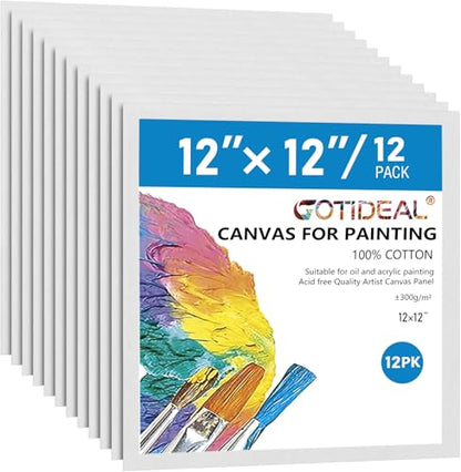 GOTIDEAL Canvases for Painting, 12x12 inch of 12 Pack, 100% Cotton - size: 12"x12"