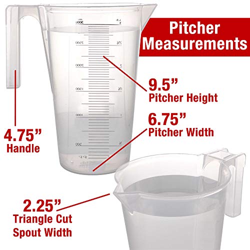TCP Global 3 Liter (3000ml) Plastic Graduated Measuring and Mixing Pitcher (Pack of 4) - Holds 3 Quarts 0.75 Gallon - Pouring Cup, Measure & Mix Paint, Resin, Epoxy, Kitchen Cooking Baking Ingredients - size: 3000ml