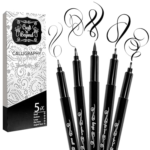 Craft 'n' Beyond Calligraphy Brush Pens Pack of 5 Markers for Hand Lettering, Art Drawing, Sketching, Scrapbooking, Writing, Journaling tip - Beginner Kit with Fadeproof Black Ink - color: Black