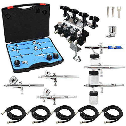 OPHIR 6X Dual Action Airbrush Kit, 4 Nozzle Sizes for Model Hobby Painting | Includes Airbrush Holder and 5 Air Hoses, 0.2mm, 0.3mm, 0.35mm, 0.5mm Nozzle Sizes for Cake Decorating, Body, Art Painting - color: 3x Siphon Airbrush+3x Gravity Airbrush+5x Airb