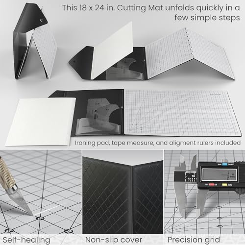 ARTEZA Fold & Stow Multifunctional Cutting Mat Set, 18x24 Inch, Self-Healing, Anti-Slip, with Detachable Ironing Pad, T-Shirt Alignment Rulers, and Tape Measure