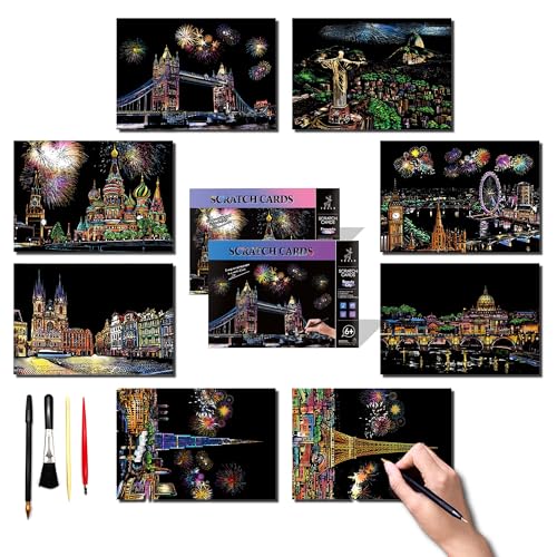 DESINIK Scratch Painting Art for Adults -Scratch Painting Foil Art for Adults, Scratchboard Set(A4) with 4 Tools & 8 Sheets, Creative Gift Idea for Birthdays & Holidays(Firework) - color: Firework