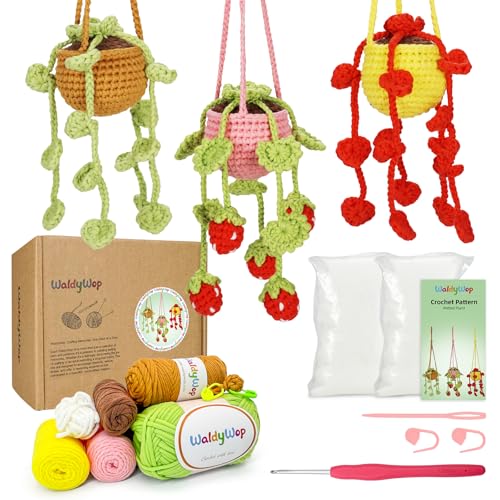 WaldyWop Crochet Kit for Beginners: 3 PCS Hanging Potted Crochet Plants Kits for Adults Kids 8-12 - Easy Video Tutorials & Printed Instructions & 40% Extra Yarn - DIY Birthday Gift Set for Girls Women - color: Potted Plant