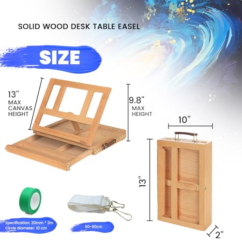 Portable Tabletop Easel for Painting, Wooden Desk Easel with Drawer & Palette, Adjustable Art Easel for Adults Beginners, Foldable Travel Easel with Handle & Strap (Beech Wood)
