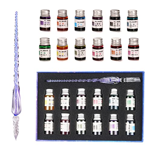 Glass Pen Set Calligraphy Dip Pens,12 Colorful Inks,Caligraphy Sets for Art, Writing, Signature, Decoration, Gift - color: Blue-1
