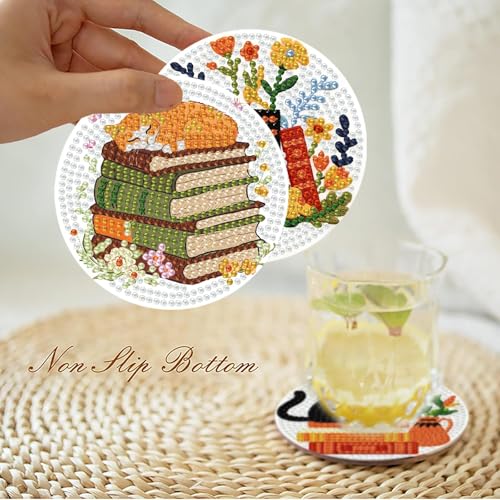 gganmtere 8 PCS Cat Diamond Painting Coasters Kits Set,Books Diamond Coaster with Holder,5D DIY Full Drill Adult Diamond Art Present - color: JXBD97