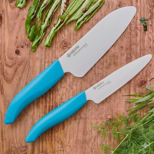 KYOCERA Revolution 2-Pc Ceramic Knife Set: 5.5” Santoku & 4.5” Utility | KYOCERA Revolution Ceramic Knife Duo: 5.5” Santoku & 4.5” Utility Blades for Precise Slicing, Trimming, and Daily Meal Prep - color: White/Blue