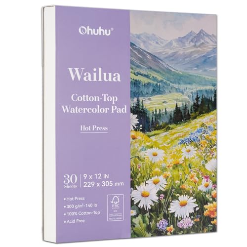 Ohuhu Cotton-Top Watercolor Paper Pad 9"x12" Hot Press Paper 30 Sheets