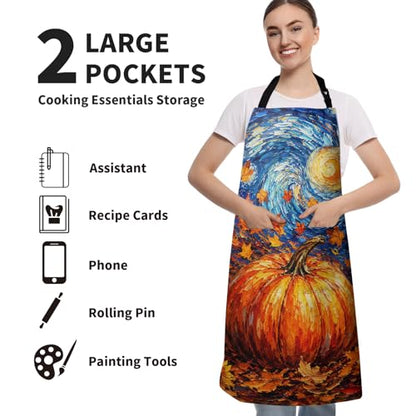 Fall Thanksgiving Aprons Van Gogh Starry Night Pumpkin Kitchen Apron with Two Pockets Maple Leaves Sunflower Cooking Apron with Adjustable Neck Strap for Baking Crafting Painting - color: Fall-starry Pumpkin