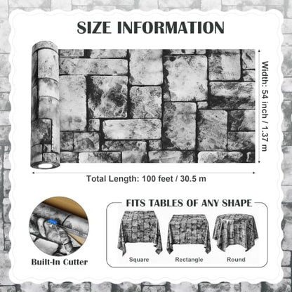 100FT x 54IN Stone Wall Plastic Tablecloth Roll with Slide Cutter Box | Heavy Duty Disposable Table Cover & Wall Backdrop, Cut-to-size for Medieval Party, Community, BBQ & Holiday Events - color: Deep Gray, size: 1200" x 54" (Rectangular)