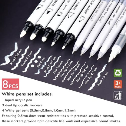 Brusarth White Ink Pen Set, Opaque Acrylic Gel Ink for Black Paper | Archival Dual-Tip White Opaque Pens, Fine & Brush Tips for Black Paper Drawing,Sketching,Illustration,Card Making