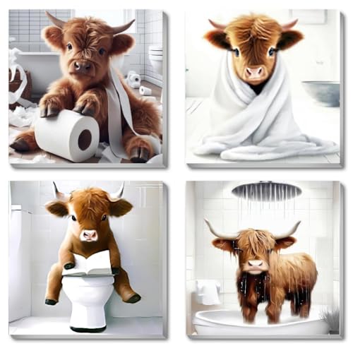 Canrichshop 4 Framed Highland Cow DIY Paint by Numbers Kit for Adults Beginner,Naughty Cow Easy Paint by Number on Canvas with Frame,Acrylic Painting Kit Adult for Decor 8x8inch - color: BKH394+BKH395+BKH396+BKH397