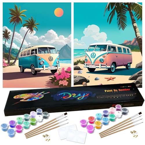 Pangoo Art 2 Pack Paint By Numbers Kit for Adults Beginner，Landscape Paint By Number On Canvas，Microbus Paint By Numbers for Adults, Beach Acrylic Oil Adult Paint By Number for Home Decor 12x16 Inch - color: Cars2