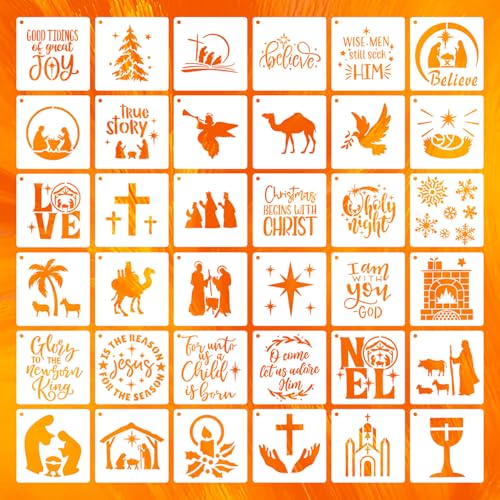 36 PCS Christian Nativity Stencils for Painting, 4x4 Inch Reusable Plastic Paint Templates for Painting on Wood, Religious Faith & Holiday Drawing Stencils for Wall Furniture DIY Crafts Home Decor - color: 36P/Christian Nativity