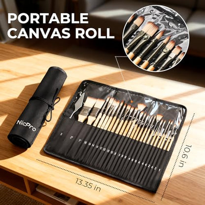 Nicpro 26pcs Professional Paint Brush Set with Palette Knife & Canvas Roll | Artist Paint Brushes for Acrylic Painting, Oil, Watercolor & Gouache, Adults Art Painting Tools Supplies - color: Burlywood