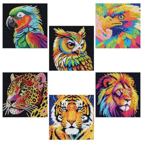 JATOK 6 Pack Diamond Painting Kits for Kids, Cartoon Animals DIY Diamond Arts Mosaic Kits for Adults Beginner, Full Round Drill Gem Art for Home Wall Decor Gift 15x15CM/6x6in - color: Denim
