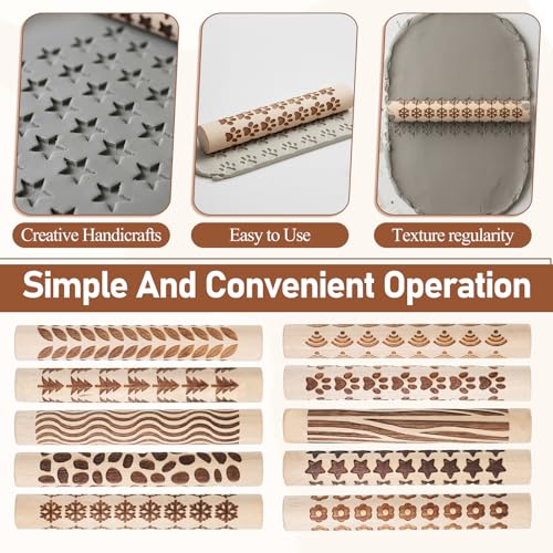 10 Styles Clay Texture Roller Bulk 4.3 X 0.6" 3D-Printed Clay Pottery Tools | Wooden Pottery Stamp Natural Color Handmade Potterys Tools and Supplies for DIY Handicrafts