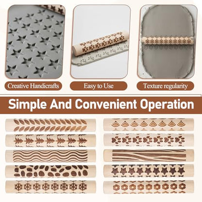 10 Styles Clay Texture Roller Bulk 4.3 X 0.6" 3D-Printed Clay Pottery Tools | Wooden Pottery Stamp Natural Color Handmade Potterys Tools and Supplies for DIY Handicrafts