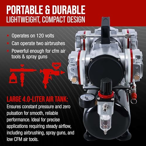 Master Airbrush TC-828 Airbrush Compressor with Tank- 1/3 HP Quad Cylinder, 4L Air Tank, 78L/Min Flow, Multi-Airbrush & Spray Gun Support, True Diaphragm Regulator, Portable - Ideal for Artists - style: Quad Piston with Tank