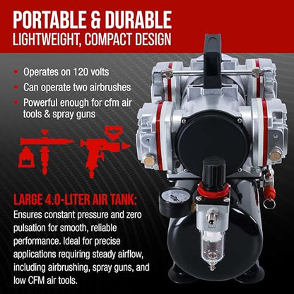 Master Airbrush TC-828 Airbrush Compressor with Tank- 1/3 HP Quad Cylinder, 4L Air Tank, 78L/Min Flow, Multi-Airbrush & Spray Gun Support, True Diaphragm Regulator, Portable - Ideal for Artists - style: Quad Piston with Tank