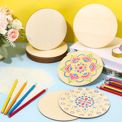 Watersay 42 Pack 6 Inch Mandala Painting Kit, 8 Stencils 18 Wood 18 Pencil | Unfinished Wood Circles to Paint, Reusable Stencil Designs, Ideal for Diwali Crafts and Adult DIY Decor