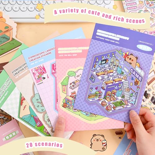 20 Sets DIY 3D Sticker Scene Collection Book – Create Your Own Miniature Shop House Stickers, Perfect for Stress Relief Creative Fun - color: Pink