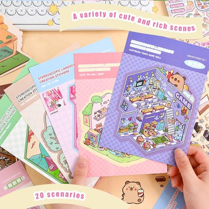 20 Sets DIY 3D Sticker Scene Collection Book – Create Your Own Miniature Shop House Stickers, Perfect for Stress Relief Creative Fun - color: Pink