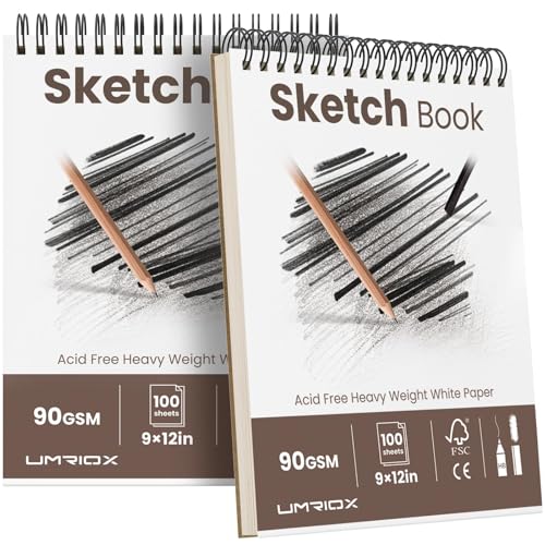 Umriox Sketch Pads for Drawing, 9" x 12" Sketchbook, 2-Pack | Acid-Free Drawing Paper, 100 Sheets Each Pad, Spiral Bound, Art Supplies for Artists, Students, School Sketching & Projects - size: 9" x 12"