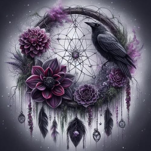 Halloween Dream Catcher Crow Diamond Art Kits for Adults, 5D Diamond Painting Kits for Adults Beginners, DIY Full Round Drill Diamond Dot Painting Gem Art Kits for Adult, Home Wall Decor 13.8x13.8 In - color: NZ71