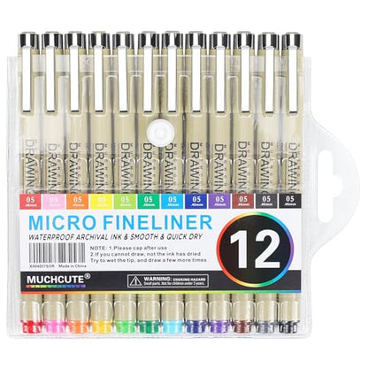 Muchcute 05 Micro Fineliner Drawing Art Pen,12 Colors 0.45mm No Bleed Bible - color: 12 Colors 05(0.45mm)