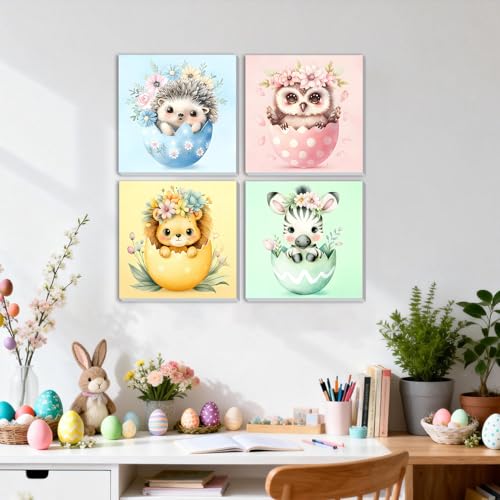 DOMROM 4 Pack Paint by Numbers Kit for Adults, Cute Animal DIY Acrylic Oil Painting on Canvas, Easy Easter Egg Paint by Number Kits for Home Wall Decor, Craft Gift for Adults 8x8 Inch - color: BK4ZH058