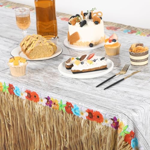 Kochorie 2 Pack Hawaii Luau Grass Tablecloth 54 x 108 Inches Waterproof Plastic Hawaiian Brown Grass Table Skirt with Raffia Libiscus Flowers Table Cover for Summer Tropical Party Decorations - style: Hawaii Luau Grass