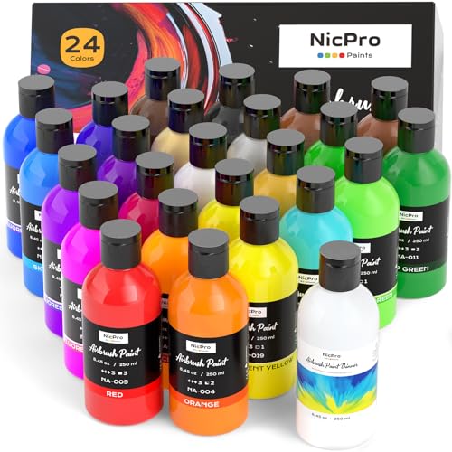 Nicpro 24 Colors Large Airbrush Paint (8.45 oz, 250 ml), Ready to Spray | Airbrush Paint Set, Opaque Water-Based Acrylic Air brush Paints Bulk for Model, Metal, Plastic, Wood, Canvas, with 1 Thinner - size: 8.45 Fl Oz (Pack of 25)
