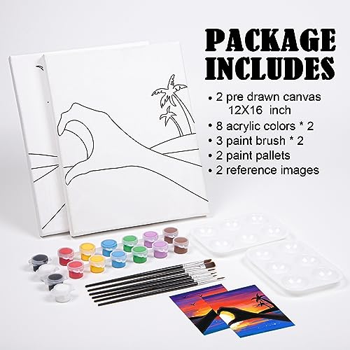 VOCHIC Sip and Paint Kit, Pre Drawn Canvas Couples Painting Party Kits Paint Art Set with Outline Canvas for Adults Date Night Couple Sunset Heart 2 Pack (12 x 16 Inches) - size: 12x16, style: Sunset Heart