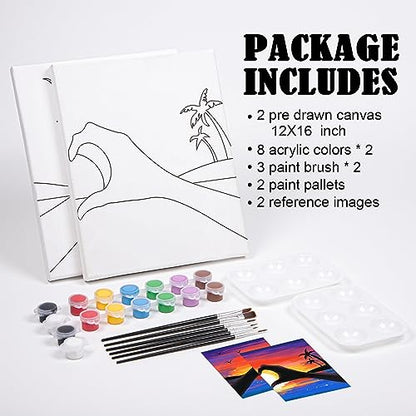 VOCHIC Sip and Paint Kit, Pre Drawn Canvas Couples Painting Party Kits Paint Art Set with Outline Canvas for Adults Date Night Couple Sunset Heart 2 Pack (12 x 16 Inches) - size: 12x16, style: Sunset Heart
