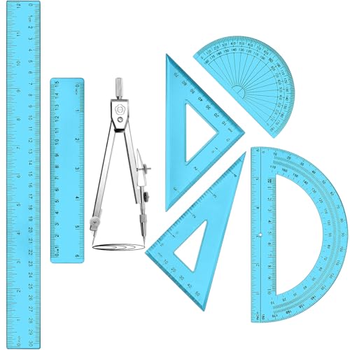 Zonon 7‑Piece Geometry Set with Drawing Compass, 6 & 4 Inch Protractors, Triangle Rulers and Straight Rulers, Transparent Math Drafting Supplies for Back to School, Students and Office Use(Blue) - color: Blue