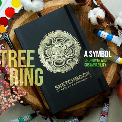 Compact Watercolor Sketchbook (8×5”) – 100% Cotton Paper, 200gsm, 80 Pages – A5 Travel Watercolor Journal with Lay-Flat Binding – Durable Soft Cover (Tree Ring) - color: Tree