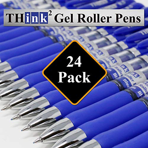 [24 Pens - Blue Ink] Think2 Retractable Gel Pens. (24 Blue) Fine Point (0.5mm) Rollerball Pens with Comfort Grip. - color: Blue