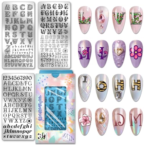 PH PandaHall 3pcs English Letter Nail Stamping Plates Personalized Alphabet Nails Art Templates Numbers Nails Image Plates Flower Letter Nail Art Stencils for DIY Women Manicures Design Printing - style: English Letter