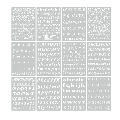 12 Pcs Letter Number Symbol Stencils, 7 x 5 Inch Reusable Templates for Diary, Planner, Scrapbook & School Projects - color: 12 Letter Number