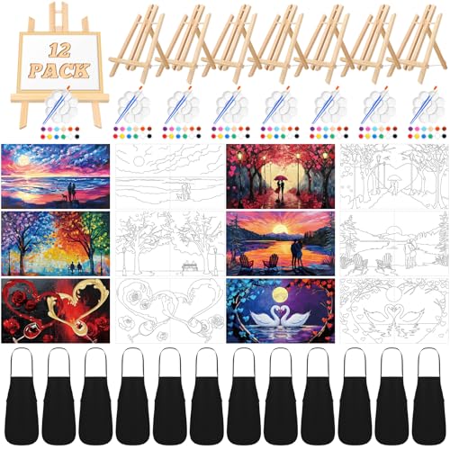 Motipuns 12 Set Couples Painting Kit Date Night Sip and Paint Kit | 8 x 10 Inch, Pre Drawn Canvas to Paint, Pre Printed Canvas with Easels Paints Brushes Aprons, Adult Romantic Party Supplies - style: Romantic Date