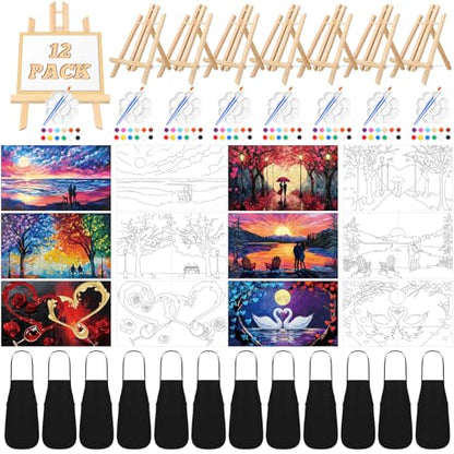 Motipuns 12 Set Couples Painting Kit Date Night Sip and Paint Kit | 8 x 10 Inch, Pre Drawn Canvas to Paint, Pre Printed Canvas with Easels Paints Brushes Aprons, Adult Romantic Party Supplies - style: Romantic Date
