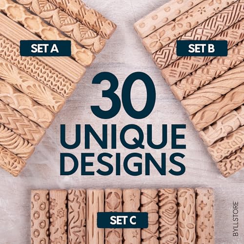 Byllstore Clay Texture Rollers | 10-Pack | 5 in x 0.65 in | Premium Wooden Pottery Tools | Set A - color: 10-Pack | 5" x 0.65" | SET A